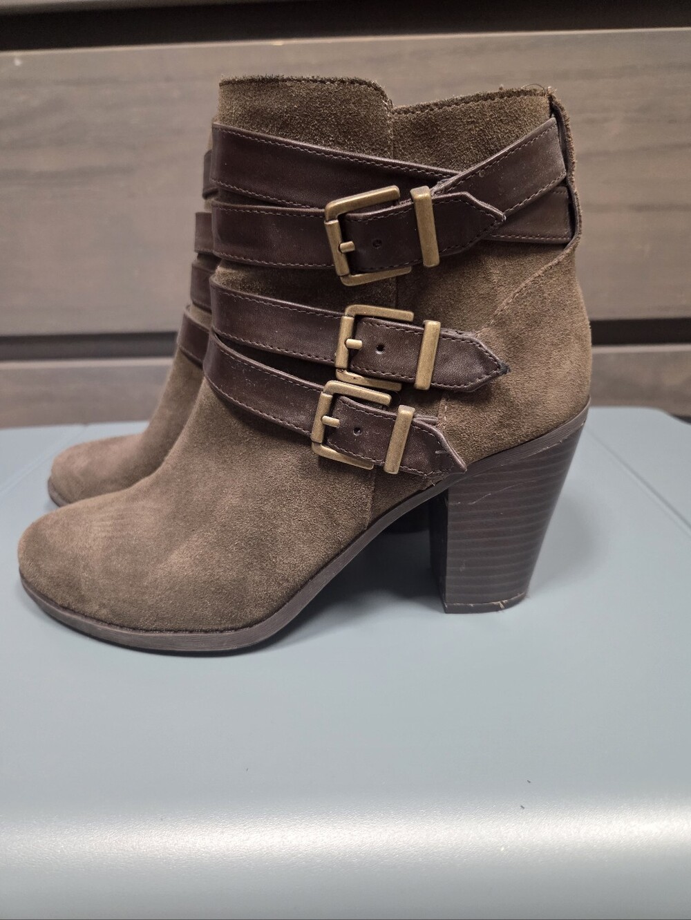 INC International Concepts Olive Brown Suede Ankle Boots with Triple Buckles